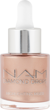 NAM Diamond Drops Highlighting Mixer, płynny rozświetlacz w beżowo-złotej butelce z srebrną zakrętką, widok z przodu.