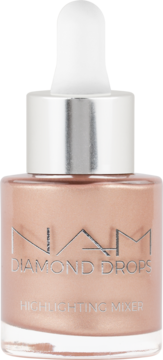 NAM Diamond Drops Highlighting Mixer, płynny rozświetlacz w beżowo-złotej butelce z srebrną zakrętką, widok z przodu.