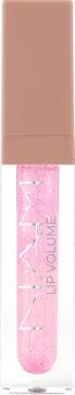 Różowy, brokatowy lip gloss NYM Lip Volume w przezroczystej tubce z beżową nakrętką, widok z przodu.
