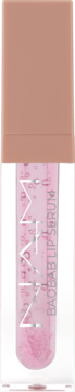 Przejrzyste serum do ust MAATZ Baobab, różowy płyn z bąbelkami, brązowa zakrętka, widok z przodu.