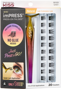 KISS imPRESS Falsies naturalne kępki rzęs press-on, zestaw z aplikatorem. Biało-czarne pudełko z 20 kępkami.