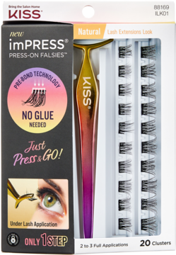 KISS imPRESS Falsies naturalne kępki rzęs press-on, zestaw z aplikatorem. Biało-czarne pudełko z 20 kępkami.
