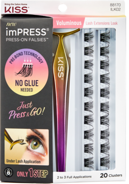 KISS imPRESS Press-On Falsies: zestaw z 20 kępkami rzęs bez kleju i aplikatorem, czarne opakowanie.