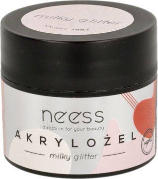 Akrylożel Neess Milky Glitter w białym słoiczku z czarną pokrywką, do budowania paznokci, widok z przodu.
