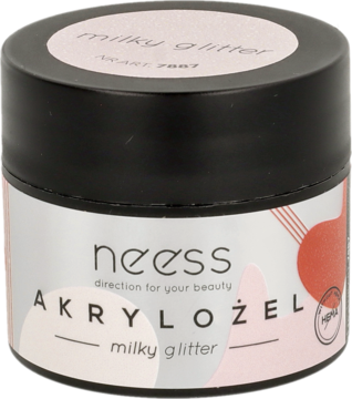 Akrylożel Neess Milky Glitter w białym słoiczku z czarną pokrywką, do budowania paznokci, widok z przodu.