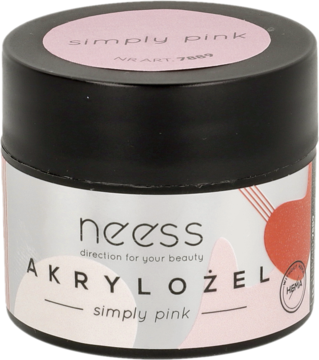 Neess Akrylożel Simply Pink do paznokci w białym słoiczku z czarną nakrętką, widok z przodu.