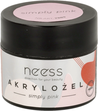 Neess Akrylożel Simply Pink do paznokci w białym słoiczku z czarną nakrętką, widok z przodu.