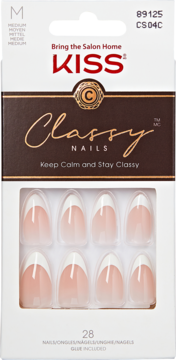KISS Classy Nails French Press-On, migdałowe, w opakowaniu z klejem, widok z przodu.