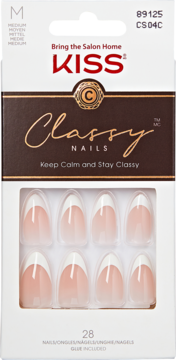 KISS Classy Nails French Press-On, migdałowe, w opakowaniu z klejem, widok z przodu.