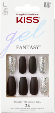 KISS Gel Fantasy, 24 długie paznokcie żelowe, matowe czarne i brokatowe srebrne, w białym opakowaniu, widok z przodu.