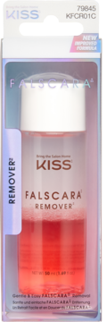 KISS Falscara Remover w przezroczystej butelce z różowym płynem, w opakowaniu detalicznym, widok z przodu.