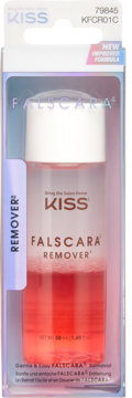 KISS Falscara Remover w przezroczystej butelce z różowym płynem, w opakowaniu detalicznym, widok z przodu.