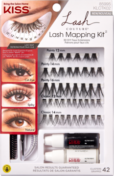 KISS Lash Mapping Kit z 42 kępkami rzęs w różnych długościach, akcesoriami i klejem, otwarte, widok z przodu.