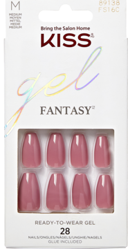 KISS Gel Fantasy sztuczne paznokcie, średnie, różowo-fioletowe, w białym opakowaniu. Widok z przodu.