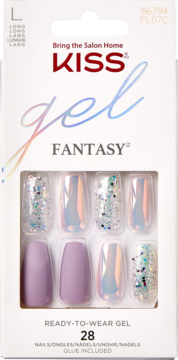 KISS Gel Fantasy long press-on nails: matte lavender, iridescent, & glitter designs in white box, front view.