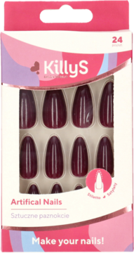 KillyS sztuczne paznokcie stiletto, odcień Dark Red Wine. Opakowanie z 24 sztukami, widok z przodu.