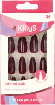 KillyS sztuczne paznokcie stiletto, odcień Dark Red Wine. Opakowanie z 24 sztukami, widok z przodu.