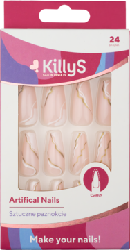 KillyS sztuczne paznokcie Coffin, jasnoróżowe, marmurkowy wzór ze złotymi liniami, 24 sztuki, widok z przodu.