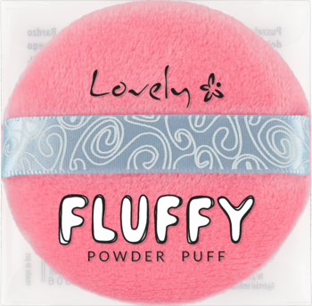Różowy, okrągły, puszysty puszek Lovely Fluffy Powder Puff z niebieską wstążką, widok z przodu.