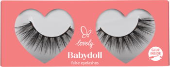 Lovely Babydoll sztuczne rzęsy w różowym opakowaniu z sercowymi wycięciami, gęste, syntetyczne, z klejem.