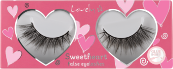 Front view: Lovelysh Sweetheart false lashes in pink box, dense black synthetic, cruelty-free, heart cutouts.