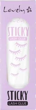 Fioletowe pudełko wegańskiego kleju Lovely Sticky Lash Glue. Biała tubka z różowymi rzęsami widoczna przez otwór.