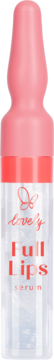 Serum Lovely Full Lips w przezroczystej butelce z długą, różową zakrętką, widoczne logo i tekst.
