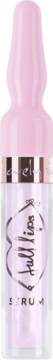 Serum do ust Lovely Full Lips w przezroczystej butelce z różową nakrętką-kroplomierzem, widok z przodu.