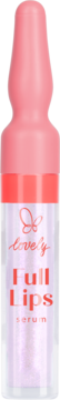 Uwydatniające serum Lovely Full Lips w różowo-przeźroczystej buteleczce, widok z przodu.