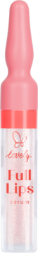 Regenerujące serum Lovely Full Lips w przezroczystej butelce z różową nakrętką i aplikatorem, widok z przodu.
