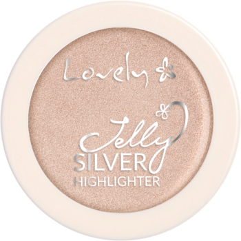 Okrągły rozświetlacz Lovely Jelly Silver w białym kompakcie, chłodny odcień z efektem mokrej tafli.
