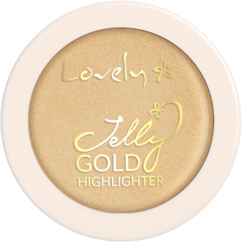 Rozświetlacz do twarzy Lovely Jelly Gold w okrągłym kompakcie. Ciepły, złoty odcień. Widok z góry.
