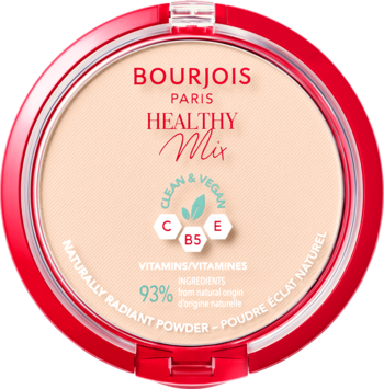 Bourjois Healthy Mix Puder prasowany Clean & Vegan, beżowy kompakt z witaminami, widok z góry.