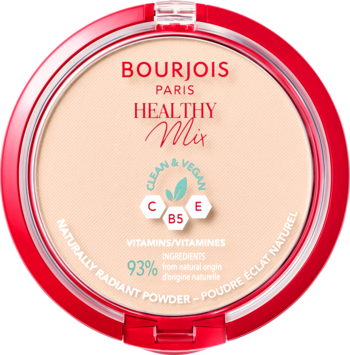 Bourjois Healthy Mix Puder prasowany Clean & Vegan, beżowy kompakt z witaminami, widok z góry.