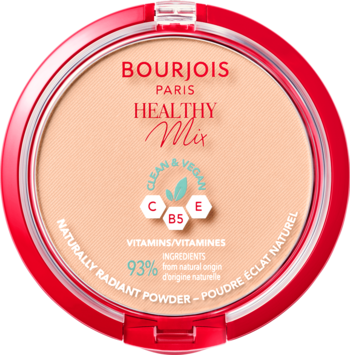 Bourjois Healthy Mix puder z witaminami C, E, B5, w okrągłym, czerwonym kompakcie, widok z góry.
