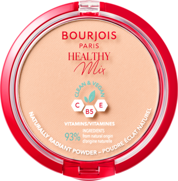 Bourjois Healthy Mix puder z witaminami C, E, B5, w okrągłym, czerwonym kompakcie, widok z góry.