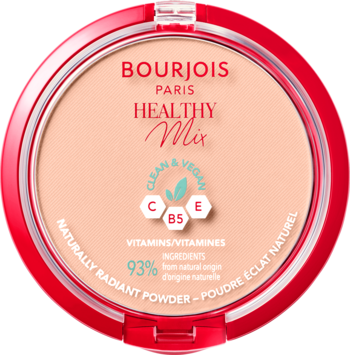 Bourjois Healthy Mix puder matujący, rozświetlający, wegański, z witaminami, w okrągłym, czerwonym opakowaniu.