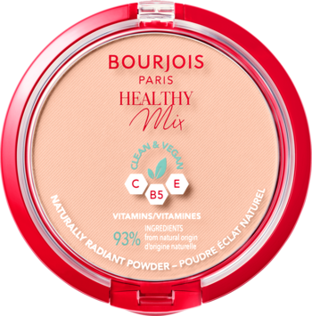 Bourjois Healthy Mix puder matujący, rozświetlający, wegański, z witaminami, w okrągłym, czerwonym opakowaniu.