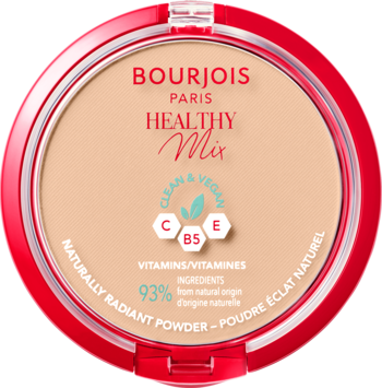 Bourjois Healthy Mix puder prasowany w okrągłej, czerwonej puderniczce, beżowy, z napisem "Vitamins".