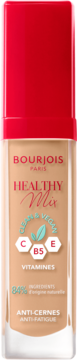Bourjois Healthy Mix Clean & Vegan korektor w beżowej szklanej butelce z czerwoną nakrętką, widok z przodu.