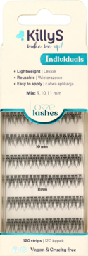 KillyS Individuals false eyelashes, mix 9-11mm, in white box. Front view showing 120 vegan, reusable lashes.
