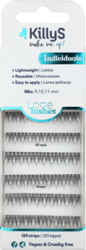 KillyS Love Lashes, 120 syntetycznych kępek rzęs, 9/10/11 mm, vegan, w niebiesko-białym opakowaniu.