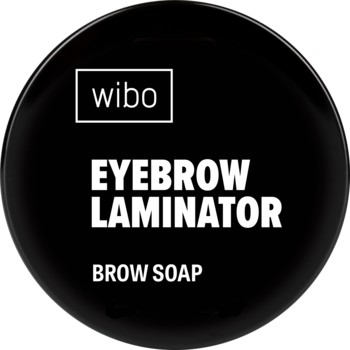 Czarne, okrągłe opakowanie transparentnego mydła do brwi WIBO Eyebrow Laminator. Widok z przodu, białe napisy.