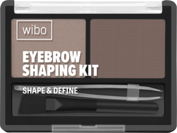 Wibo Eyebrow Shaping Kit Light Brown w otwartym, czarnym kompakcie z dwoma cieniami, pędzelkiem i pęsetą.