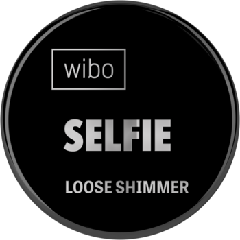 Czarny, okrągły logotyp rozświetlacza Wibo Selfie Loose Shimmer, z połyskującą obwódką i białym logo wibo.