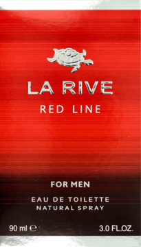 Czerwono-czarny kartonik La Rive Red Line For Men EDT 90ml, z srebrnym logo żółwia, widok z przodu.