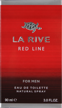 Czerwone pudełko perfum La Rive Red Line For Men, woda toaletowa 90 ml, srebrny żółw i napisy, widok z przodu.