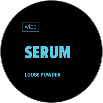 Czarne, okrągłe opakowanie pudru WIBO Serum Powder z jasnoniebieskim napisem SERUM i białym LOOSE POWDER.