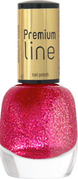 Ados Premium Line trwały lakier do paznokci w butelce, błyszczący fuksjowy odcień z brokatem, widok z przodu.