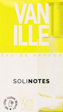 Damska woda perfumowana Solinotes Vanilla 50ml, opakowanie żółto-białe z napisem Vanille, widok z przodu.